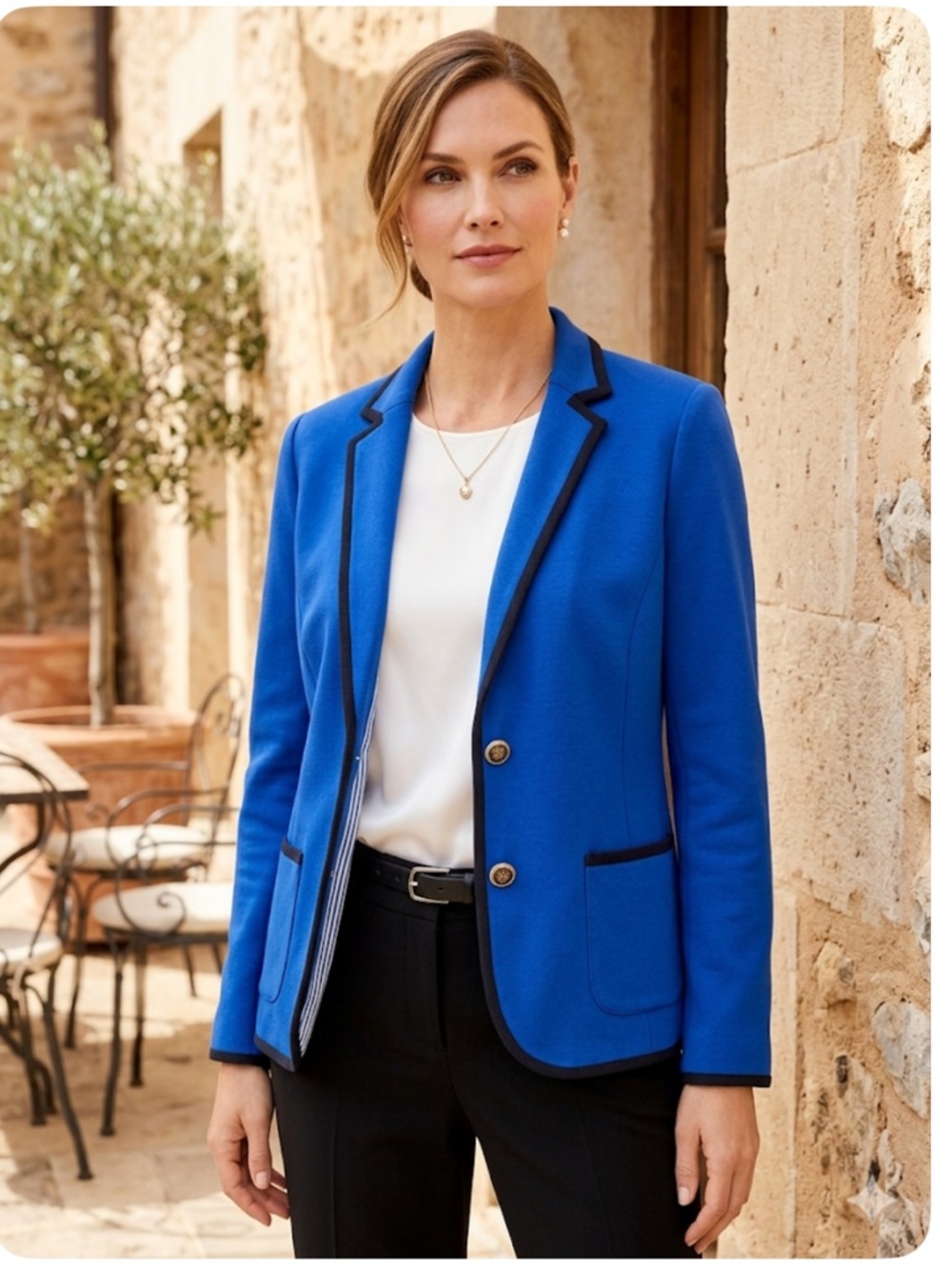 Talbots Aberdeen Cobalt Blue Knit Blazer Navy Trim Nautical Preppy Career 14